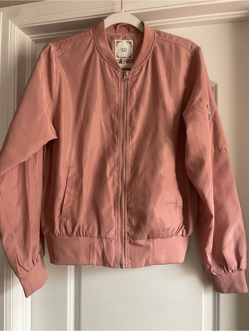 Iris Dusty Rose Bomber Jacket Zip Up Ribbed Casual Lightweight Size Large